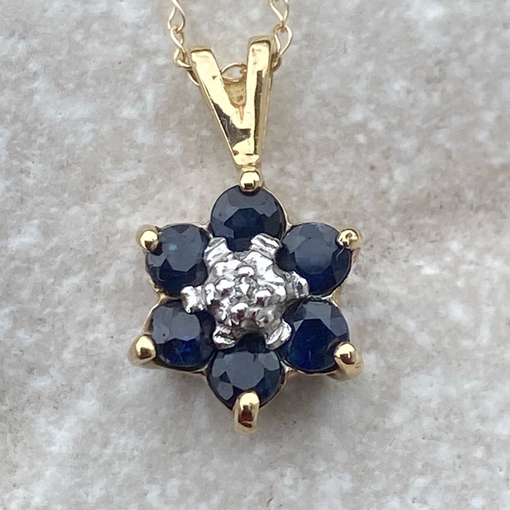 Genuine Sapphire 10k yellow gold necklace with Diamond accent stamped